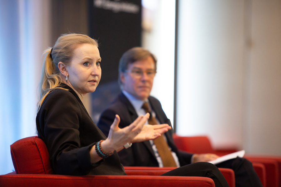 Vice Provost Anne White (left) presented a keynote on the role of the research university before joining MITEI Interim Director Robert Stoner to address audience questions. Photo: Kelley Travers MITEI Research Conference
