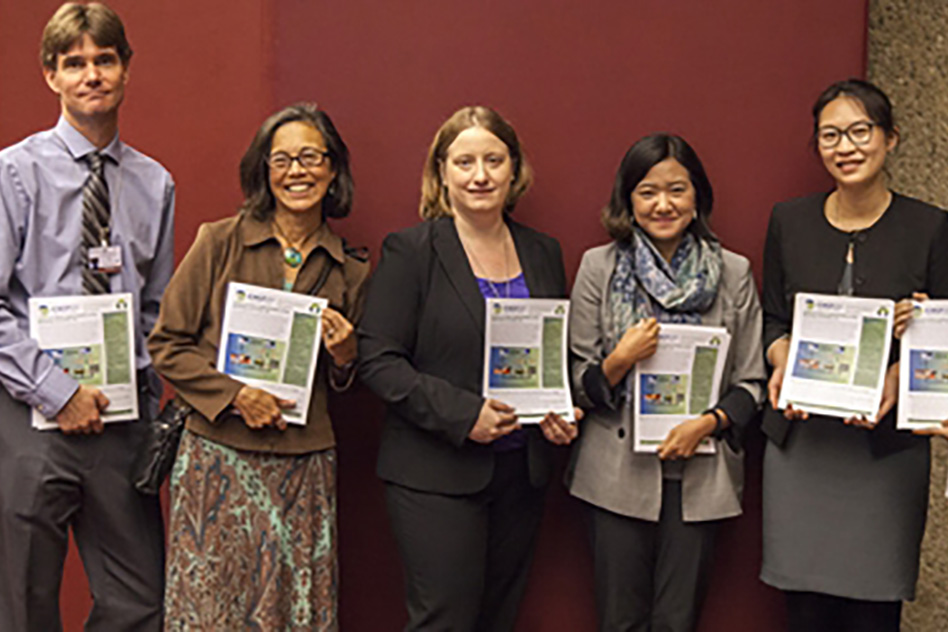 With International Policy Lab support, MIT Associate Professor Noelle Selin (third from left) led a delegation of MIT researchers to the first conference on the Minamata Convention on Mercury. There, the team disseminated mercury science policy briefs developed with IPL support. The team members, as pictured here: (l-r) Boston University Assistant Professor Henrik Selin, Dartmouth College Research Professor Celia Chen, Selin, and MIT postdocs Sae Yun Kwon, Amanda Giang, and Helene Angot. Photo courtesy of Mike Muzurakis/IISD Earth Negotiations Bulletin IPL-delegation-convention-on-mercury-MIT-00_0_WEB.jpg
