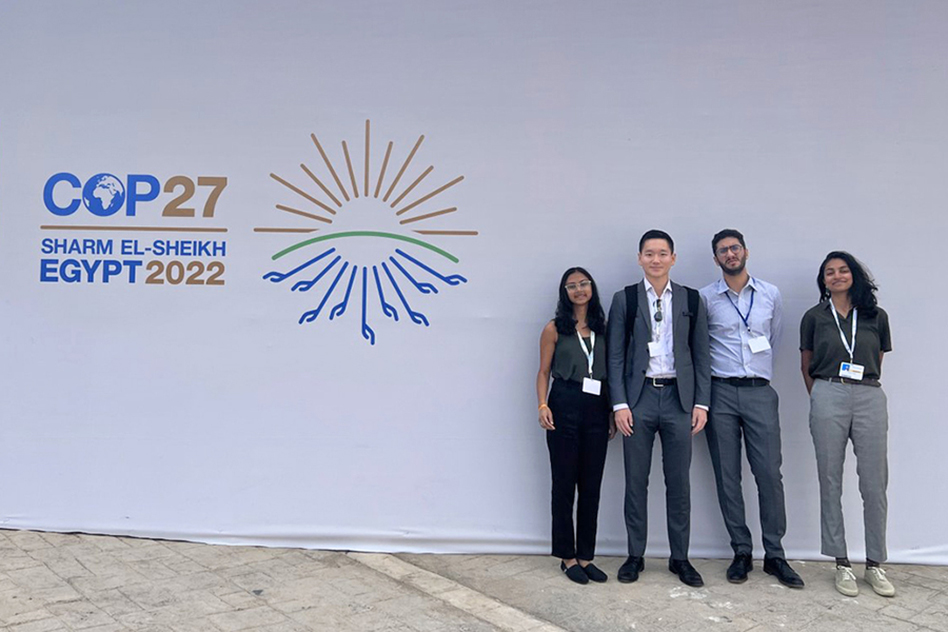 MIT students who traveled to Sharm el-Sheikh, Egypt, for COP27 included (left to right) Anushree Chaudhuri, Evan Gao, Youssef Shaker, and Serena Patel. Photo: Anke De Boer MIT-COP27-Students_1_PHOTO.jpg