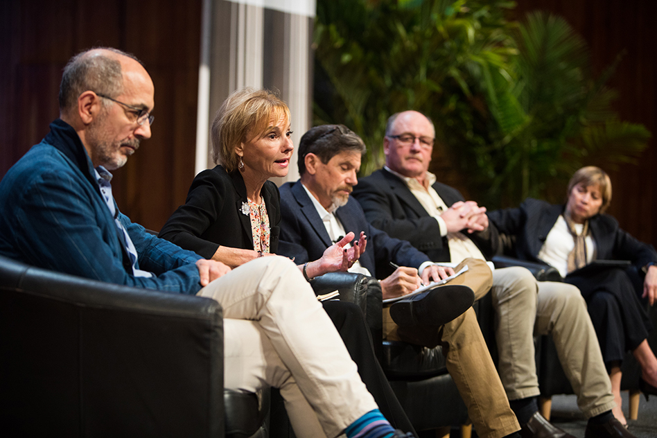 Photo: A panel chaired by MIT Vice President for Research Maria Zuber, at right, included, from left, Jerry Mitrovica of Harvard University, Sherri Goodman of the Wilson Institute, Philip Duffy of the Woods Hole Research Center, and John Reilly of MIT's Joint Program on the Science and Policy of Global Change (Image: Jake Belcher) MIT-Climate-04-PRESS_WEB.jpg