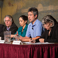 From left: Kieran Setiya, Kerry Emanuel, Janelle Knox-Hayes, Nathan Phillips (speaking), and Susan Silbey. Photo by Casey Atkins. From left: Kieran Setiya, Kerry Emanuel, Janelle Knox-Hayes, Nathan Phillips (speaking), and Susan Silbey. Photo by Casey Atkins.