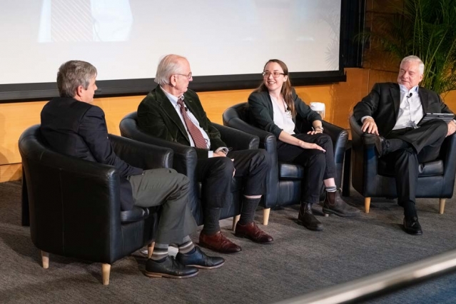 Photo: Steven Ansolabehere of Harvard University, Henry Jacoby of the MIT Sloan School of Management and MIT Joint Program on the Science and Policy of Global Change, Leah Stokes of the University of California at Santa Barbara, and Richard Schmalensee of MIT Sloan, who moderated the panel discussions. (Image: Bryce Vickmark) Panelists at the MIT Climate Symposium: Steven Ansolabehere, Henry Jacoby, Leah Stokes, and Richard Schmalensee.