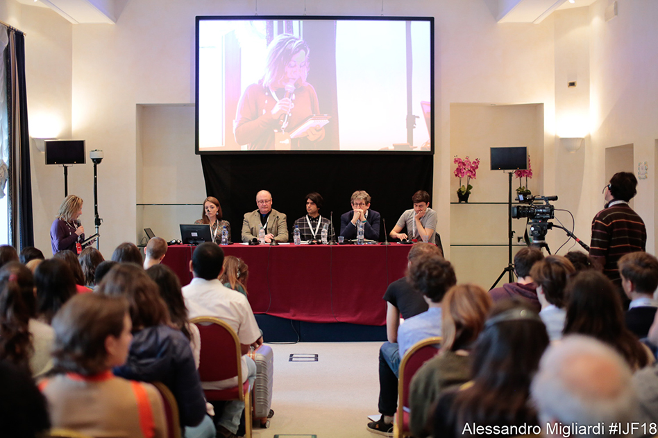 Photo: John Reilly (second from left) serves on International Journalism Festival panel on Connecting science and journalism though climate change and digital innovation. (Photo courtesy of the International Journalism Festival) Reilly_IJF.jpg