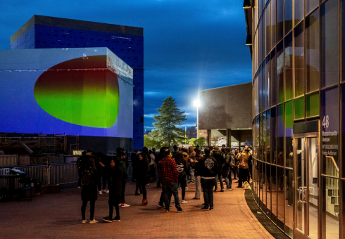 Onlookers gathered at the site of the interactive Climate Machine art installation on April 19. Photo: Caitlin Cunningham Carousel1_Climate Machine_credit Caitlin Cunningham.png
