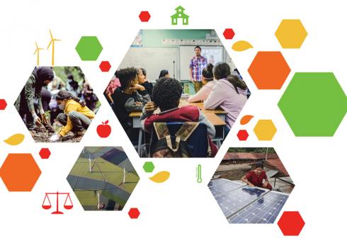 The Climate Action Through Education (CATE) program is rolling out in pilot form this year in more than a dozen Massachusetts high schools, and eventually in high schools across the United States. Clockwise from left: Eyoel Kahssay, Kenny Eliason, Abbie Trayler-Smith, and Mark König K-CATE_illustration_WEB.jpg