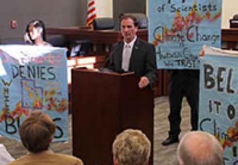Young people challenge Rep. Chris Stewart (R-UT) for being a climate denier at a town hall meeting on April 2, 2013. Source: Climate Truth