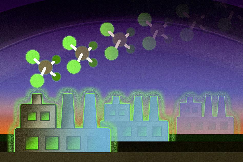 Caption :MIT scientists have found that ozone-depleting chlorofluorocarbons, or CFCs, stay in the atmosphere for a shorter amount of time than previously estimated, which suggests that new, illegal production of CFCs has likely occurred in recent years. Credits :Image: Jose-Luis Olivares, MIT MIT-CFC-emissions-01-press_WEB.jpg