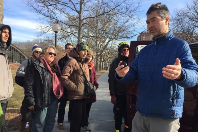 A group of MIT students and community members join Boston University professor Nathan Phillips, right, on a gas leak safari. Photo: Alison F. Takemura MIT-Methane-1_0.jpg