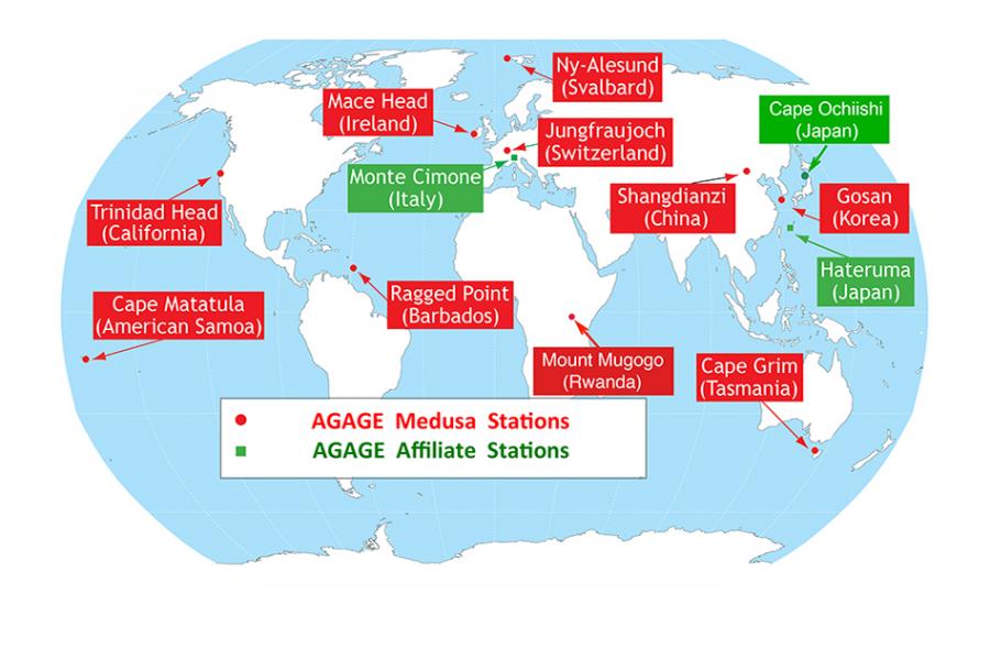Locations of the 10 current AGAGE primary stations (red-highlighted) and the three current AGAGE affiliate stations (green-highlighted) (Source: https://www.earth-syst-sci-data.net/10/985/2018/)