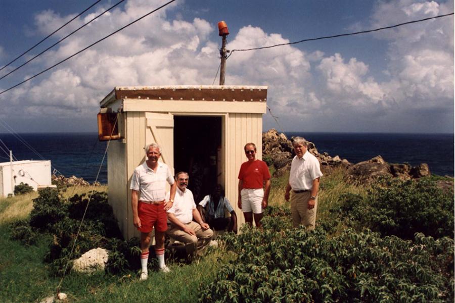 Derek Cunnold; Hillel Magid, Barbados Station Caretaker; Ronald Prinn and Fred Alyea during a site visit to the early Barbados station during the GAGE phase (Source: AGAGE photo archives)